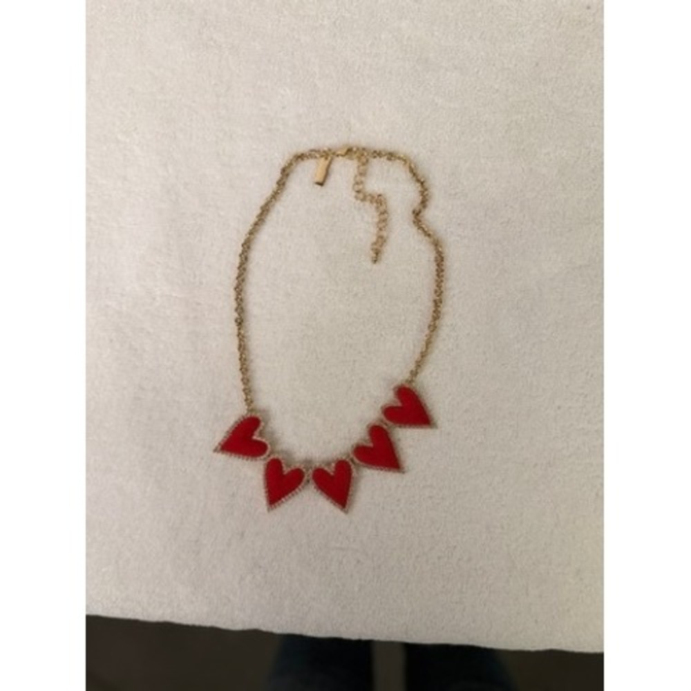 Red Enamel Heart Pavé Crystal Gold Tone Bib Necklace Valentine Romantic
